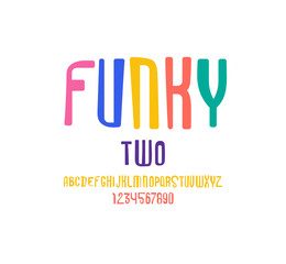 Playful colored font, modern children alphabet, trendy letters and numbers, vector illustration 10EPS