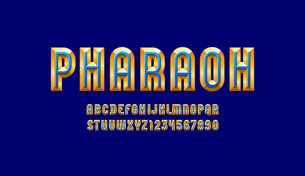3D alphabet from chiseled block, facet golden font, beveled letters and numbers