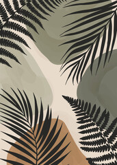 Fototapeta na wymiar Minimal Abstract Tropical Leaf Art Print. Vintage, Botanical Painting with Jungle in Retro Style. Printing for interior and fabric. Exotic natural background in muted colors
