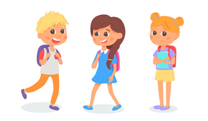 Cute, happy little boy and girls with backpacks going at school. Cartoon kids charachtes. Back to school. Vector illustration. Isolated on white background.