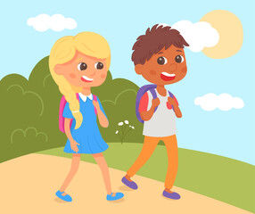 Vector illustration of happy little kid going at school together. Girl and boy with backpacks. Study concept and cartoon landscape.