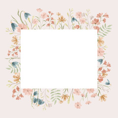 Floral Frame isolated on the beige  background. Cute watercolor floral wreath perfect for wedding invitations and greeting cards.