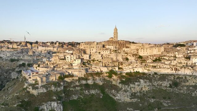 View from above, stunning aerial view of the Matera&rsquo;s skyline during a beautiful sunrise. Matera is a city on a rocky outcrop in the region of Basilicata, in southern Italy.