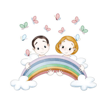 Cute little cartoon girl and boy in the clouds are holding a rainbow. There are many butterflies above them. Digital illustration in the style of colored pencils and watercolor