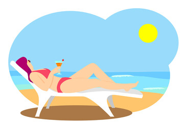 Obraz na płótnie Canvas Woman in bikini lying on a sun lounger with a cocktail in her hand sunbathing and contemplating the sea. Flat drawing