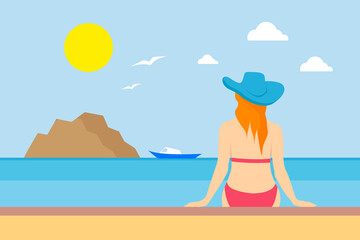 Woman in bikini and hat sitting looking at the sea. Flat design of a sunny summer landscape with seagulls and a small boat