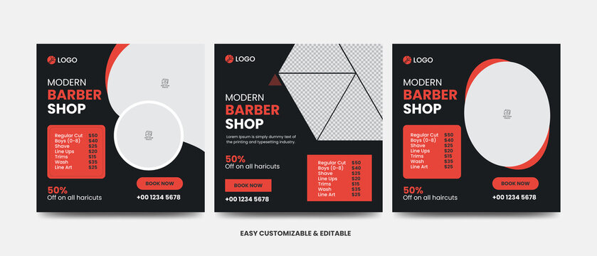 Modern Barber Shop Social Media Post Editable Beauty Salon Web Banner Template Bundle