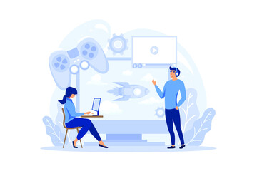 Game development concept. Creative process of a computer video game design. Digital technology, programming and codding. flat design modern illustration