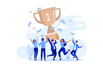 Team of tiny office people employees winning gold cup flat vector illustration. Cartoon happy characters with award or trophy. flat design modern illustration