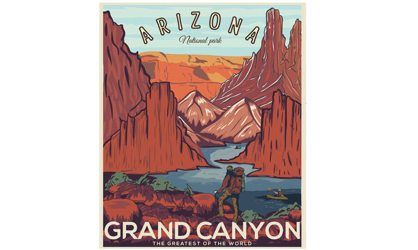 Grand canyon adventure t-shirt design. Arizona national park vector graphic print design for apparel, stickers, posters, background and others. Wild  lake vintage artwork.