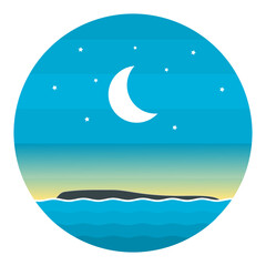 Obraz na płótnie Canvas Ocean blue sea with crescent moon and stars in twilight evening time in circle flat vector design.