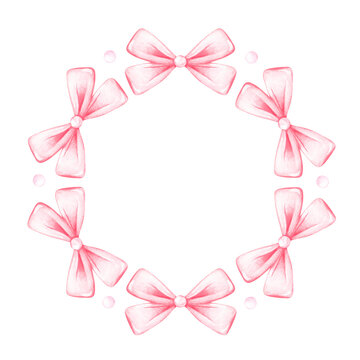 A pink ribbon bow wreath. Watercolor illustration. Isolated on a white background.