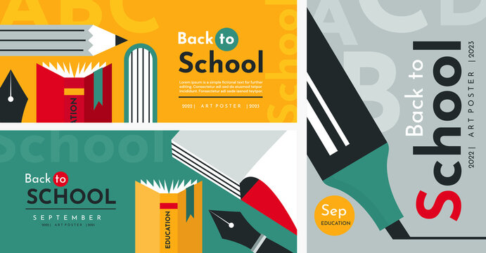 Education banners and poster with school elements and attributes: pencils, books, notebooks, markers, fountain pens. Back to School background.