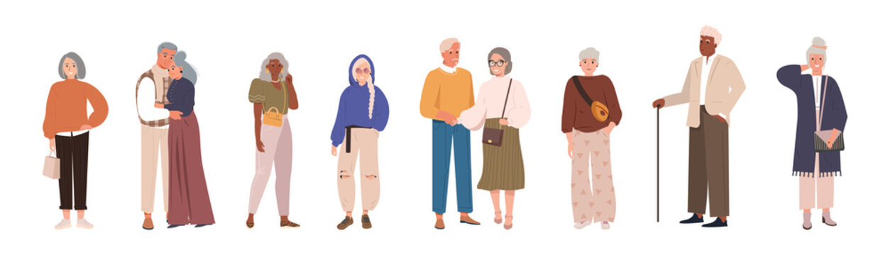 Modern old people and senior couples set. Happy stylish retired man and woman wearing modern clothes elderly people flat cartoon characters. Vector grandmother grandfather in fashionable outfits. 