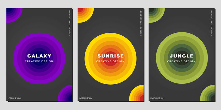 Modern Cover Template Design. Galaxy, Sunrise, Jungle Color Concept. Set of trendy gradient cirle for presentations, magazines, flyers, annual reports, posters and business cards.