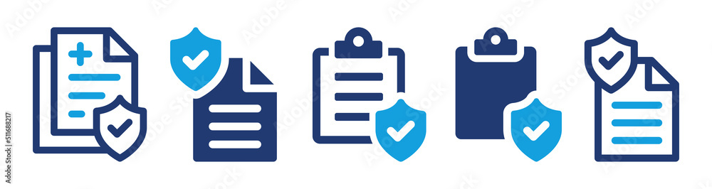 Poster Policy icon vector document set. Insurance protection on clipboard with check and shield symbol illustration.