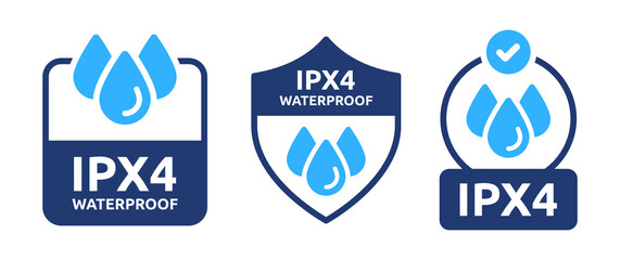 Ipx4 waterproof vector symbol illustration set. Water-resistant with water drop icon. Rainproof badge label sign. - obrazy, fototapety, plakaty