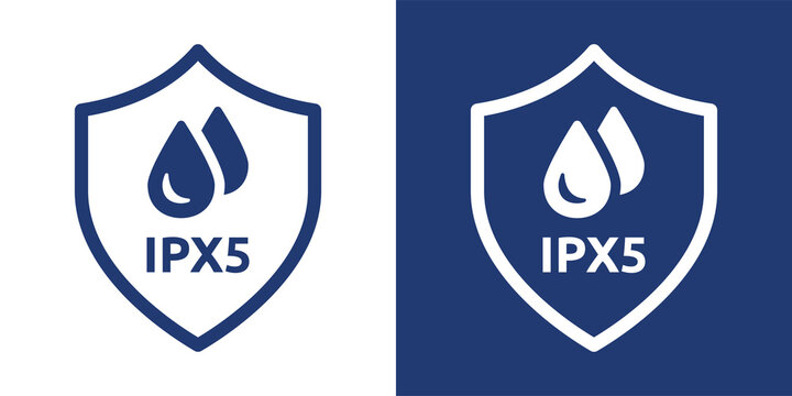 Ipx5 waterproof symbol. Rainproof label sign. Water resistant drop icon in protective shield vector badge.