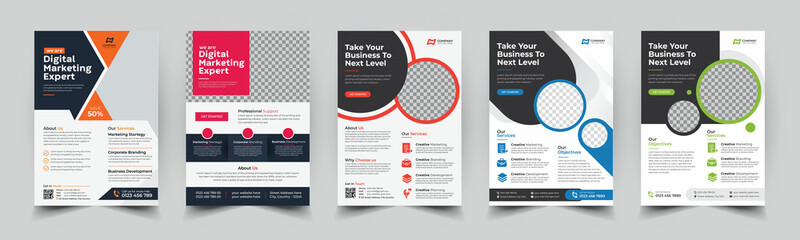 a bundle of 5 templates of a4 flyer, Flyer template layout design. business flyer,
brochure, magazine or flier mockup in bright colors. perfect for creative
professional business. vector template