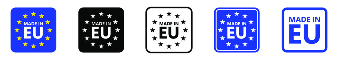 Made in EU. European union logo. Vector illustration. Set of EU flag icons.