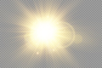 Glow light star, yellow sun rays, gold glare bokeh