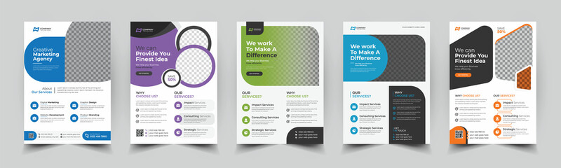 a bundle of 5 templates of a4 flyer, Flyer template layout design. business flyer,
brochure, magazine or flier mockup in bright colors. perfect for creative
professional business. vector template