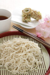 Japanese food, Soba on noodle tray with Tempura and Dash soup
