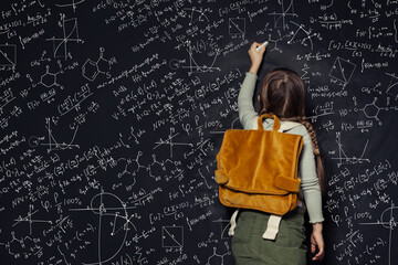 Child girl against big blackboard with formulas, back view