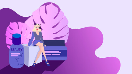 A beautiful girl sits among cosmetic care products. Cosmetic jars. For advertising fashion and cosmetics. Vector graphics. Banner