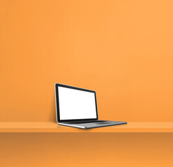 Laptop computer on orange shelf. Square background