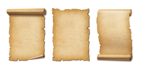 Old Parchment paper scroll set isolated on white with shadow. Vertical banners