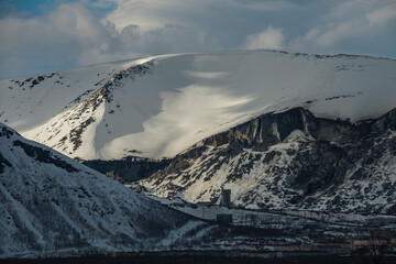 View of snow-covered Khibiny in Kirovsk, Murmansk Region