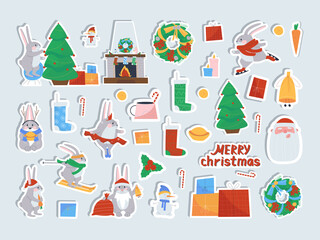 Fototapeta na wymiar Rabbit stickers and christmas. Collection of character hare and items for the holiday. Decorations for Christmas decor. Flat illustration. Eps10