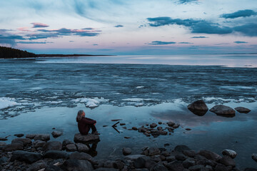 View of Onega Lake at sunset in Medvezhjegorsk