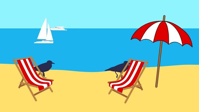 Summer beach: animation with walking seagulls, jumping dolphin and boats in the sea (seamless loop)