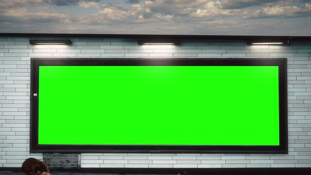 Green Screen Outdoor Advertising Wall Cloudy Sky. Stray cat eating in front of a green screen outdoor on a street wall. Urban scene concept