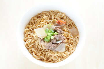 Asian food, beef and vegetable Ramen noodles 