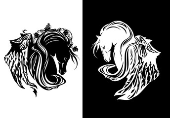 pegasus winged horse profile head with long mane and rose flowers decor - side view mythical animal black and white vector design