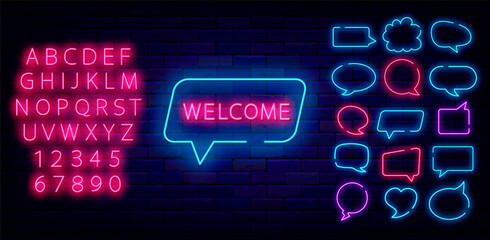 Welcome neon signboard in speech bubble. Special offer concept. Clouds frame collection. Vector stock illustration