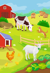 Farm animals graze in yard and dog
