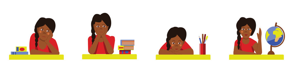 An African-American schoolgirl is sitting at a desk. A set of emotions of a pretty African-American girl student. Vector illustration in a flat cartoon style.