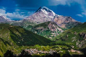 Mount Kazbek view from Stepantsminda town in Georgia in good weather