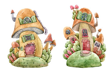 Watercolor cute cartoon mushroom house illustration on white background. Funny clipart. Kids cartoon sublimation, print, poster.