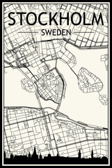 Obraz premium Light printout city poster with panoramic skyline and hand-drawn streets network on vintage beige background of the downtown STOCKHOLM, SWEDEN