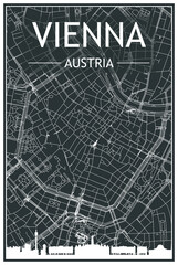 Dark printout city poster with panoramic skyline and hand-drawn streets network on dark gray background of the downtown VIENNA, AUSTRIA