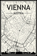 Light printout city poster with panoramic skyline and hand-drawn streets network on vintage beige background of the downtown VIENNA, AUSTRIA