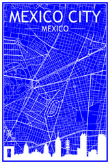 Technical drawing printout city poster with panoramic skyline and hand-drawn streets network on blue background of the downtown MEXICO CITY, MEXICO