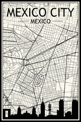 Light printout city poster with panoramic skyline and hand-drawn streets network on vintage beige background of the downtown MEXICO CITY, MEXICO