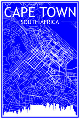 Technical drawing printout city poster with panoramic skyline and hand-drawn streets network on blue background of the downtown CAPE TOWN, SOUTH AFRICA