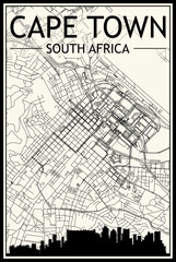 Light printout city poster with panoramic skyline and hand-drawn streets network on vintage beige background of the downtown CAPE TOWN, SOUTH AFRICA